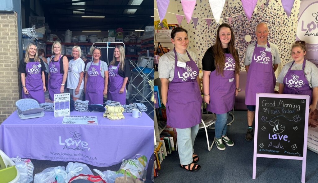 Two photos side by side. On the left, Administrator Ellie and HR Manager Carmel stand either side of the Love, Amelia staff. In front of them is a table containing various baby items and bags of donations. On the right, Bid Writer Gemma, Administrator Rebecca and Director Stephen are standing side by side in the Love, Amelia office.